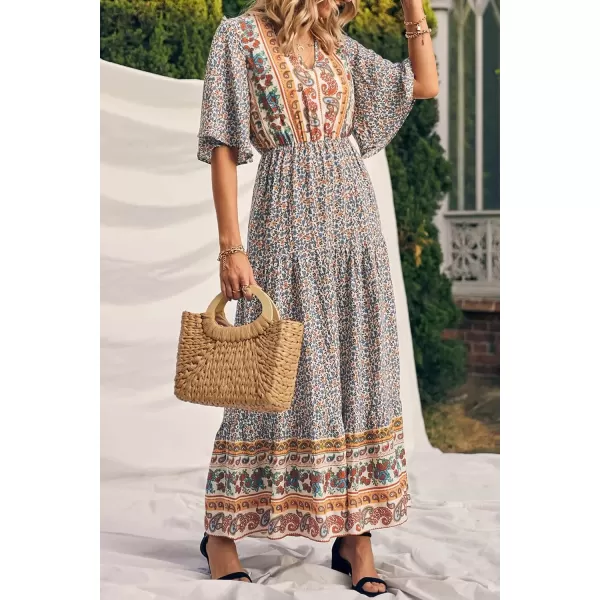 imagePRETTYGARDEN Womens Casual Summer Boho Floral Print Dress V Neck Short Sleeve High Waist Long Maxi Beach DressesWhite Floral
