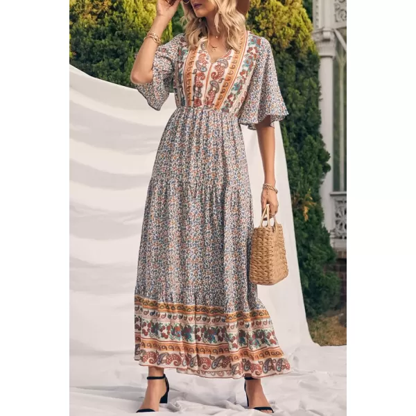 imagePRETTYGARDEN Womens Casual Summer Boho Floral Print Dress V Neck Short Sleeve High Waist Long Maxi Beach DressesWhite Floral