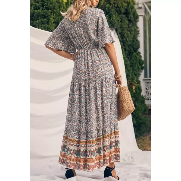 imagePRETTYGARDEN Womens Casual Summer Boho Floral Print Dress V Neck Short Sleeve High Waist Long Maxi Beach DressesWhite Floral