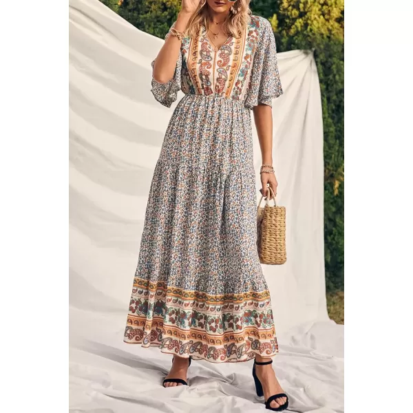 imagePRETTYGARDEN Womens Casual Summer Boho Floral Print Dress V Neck Short Sleeve High Waist Long Maxi Beach DressesWhite Floral
