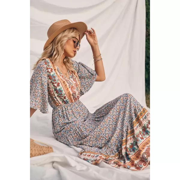 imagePRETTYGARDEN Womens Casual Summer Boho Floral Print Dress V Neck Short Sleeve High Waist Long Maxi Beach DressesWhite Floral