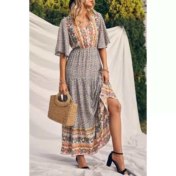 imagePRETTYGARDEN Womens Casual Summer Boho Floral Print Dress V Neck Short Sleeve High Waist Long Maxi Beach DressesWhite Floral