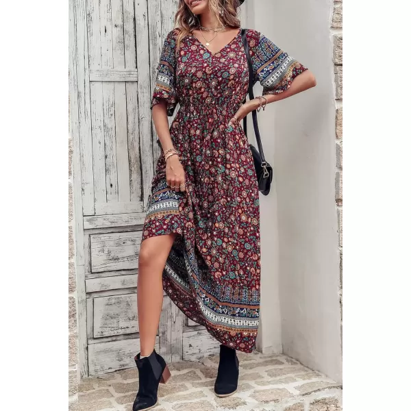 imagePRETTYGARDEN Womens Casual Summer Boho Floral Print Dress V Neck Short Sleeve High Waist Long Maxi Beach DressesWine Red Floral