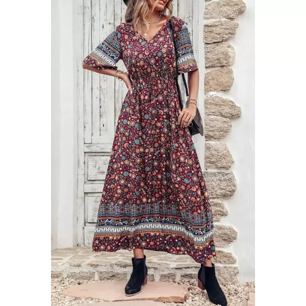 imagePRETTYGARDEN Womens Casual Summer Boho Floral Print Dress V Neck Short Sleeve High Waist Long Maxi Beach DressesWine Red Floral
