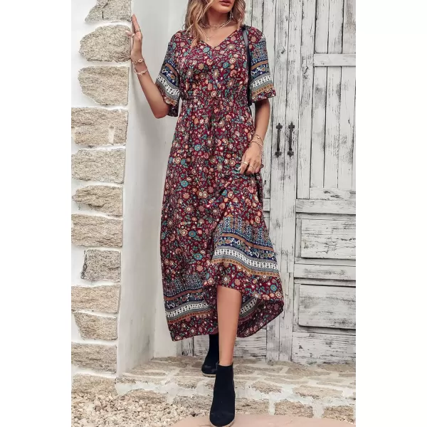imagePRETTYGARDEN Womens Casual Summer Boho Floral Print Dress V Neck Short Sleeve High Waist Long Maxi Beach DressesWine Red Floral
