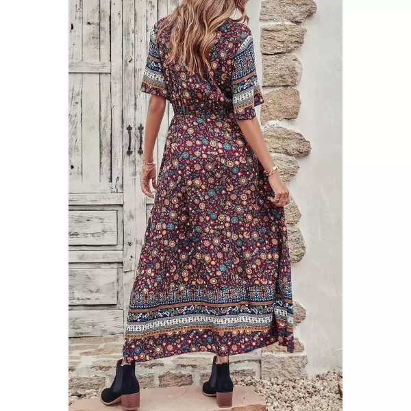 imagePRETTYGARDEN Womens Casual Summer Boho Floral Print Dress V Neck Short Sleeve High Waist Long Maxi Beach DressesWine Red Floral