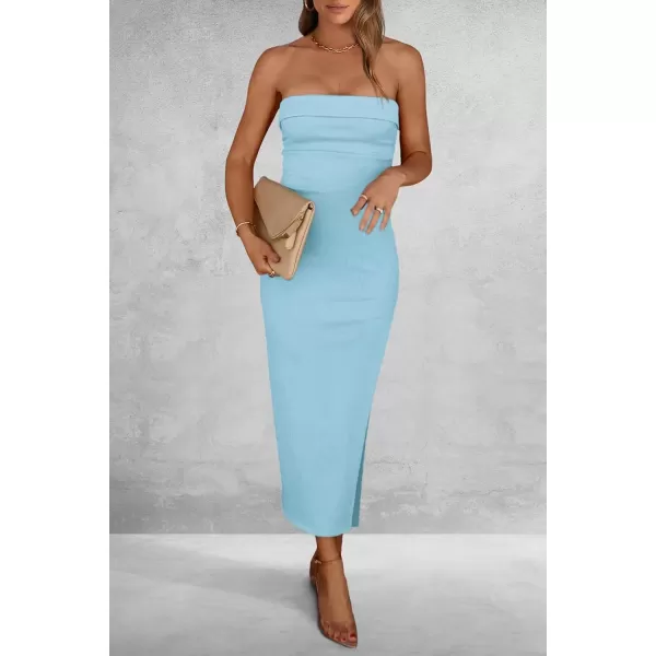 imagePRETTYGARDEN Womens Summer Bodycon Maxi Tube Dress Ribbed Strapless Side Slit Long Going Out Casual Elegant Party DressesAqua Blue