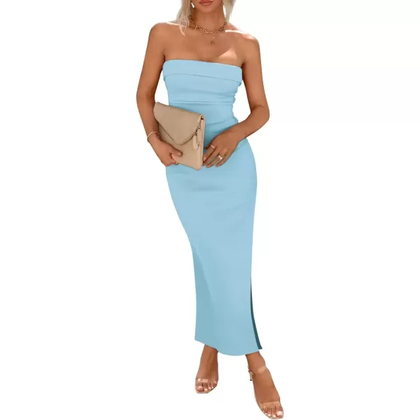 imagePRETTYGARDEN Womens Summer Bodycon Maxi Tube Dress Ribbed Strapless Side Slit Long Going Out Casual Elegant Party DressesAqua Blue