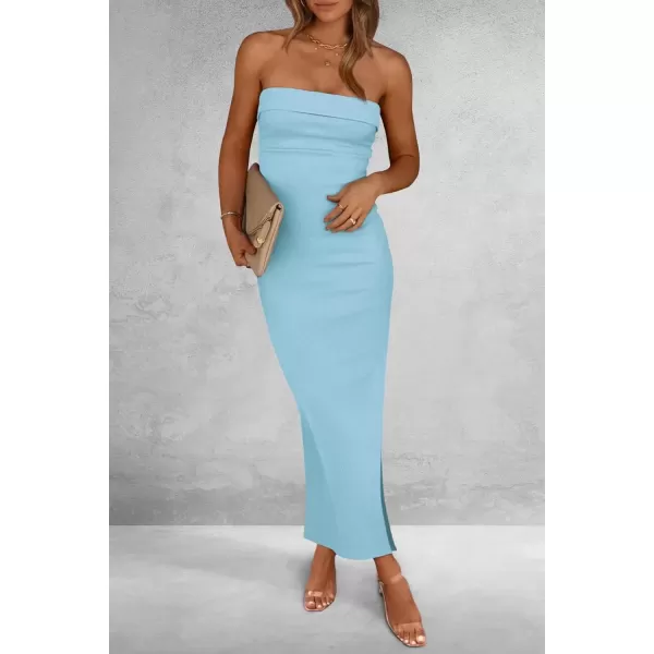 imagePRETTYGARDEN Womens Summer Bodycon Maxi Tube Dress Ribbed Strapless Side Slit Long Going Out Casual Elegant Party DressesAqua Blue