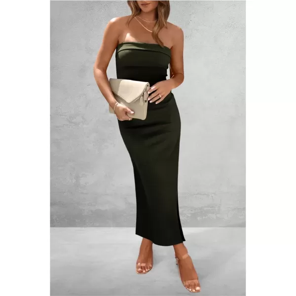 imagePRETTYGARDEN Womens Summer Bodycon Maxi Tube Dress Ribbed Strapless Side Slit Long Going Out Casual Elegant Party DressesArmy Green
