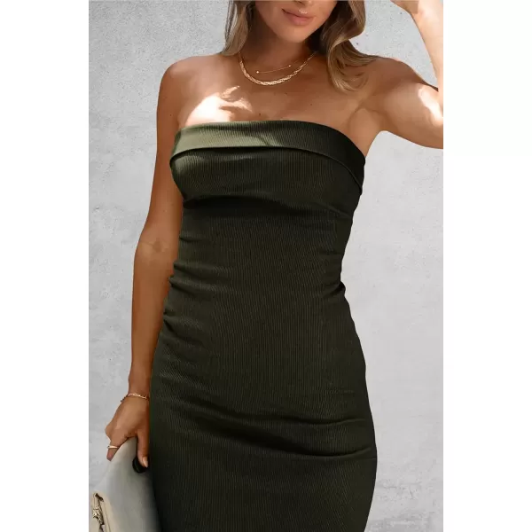 imagePRETTYGARDEN Womens Summer Bodycon Maxi Tube Dress Ribbed Strapless Side Slit Long Going Out Casual Elegant Party DressesArmy Green