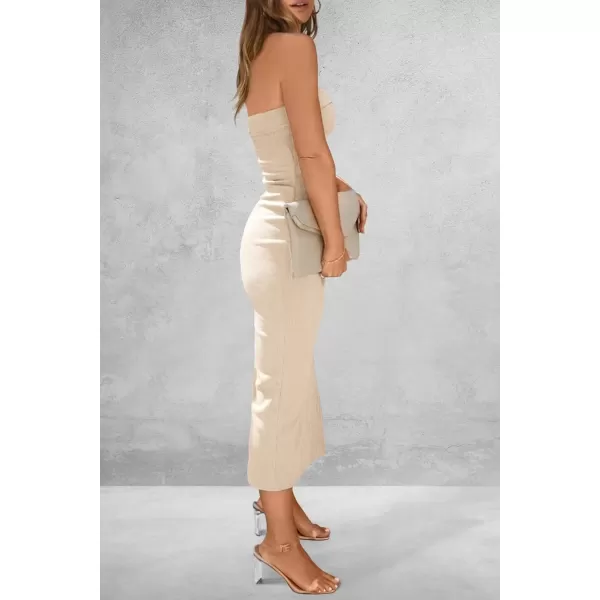 imagePRETTYGARDEN Womens Summer Bodycon Maxi Tube Dress Ribbed Strapless Side Slit Long Going Out Casual Elegant Party DressesBeige