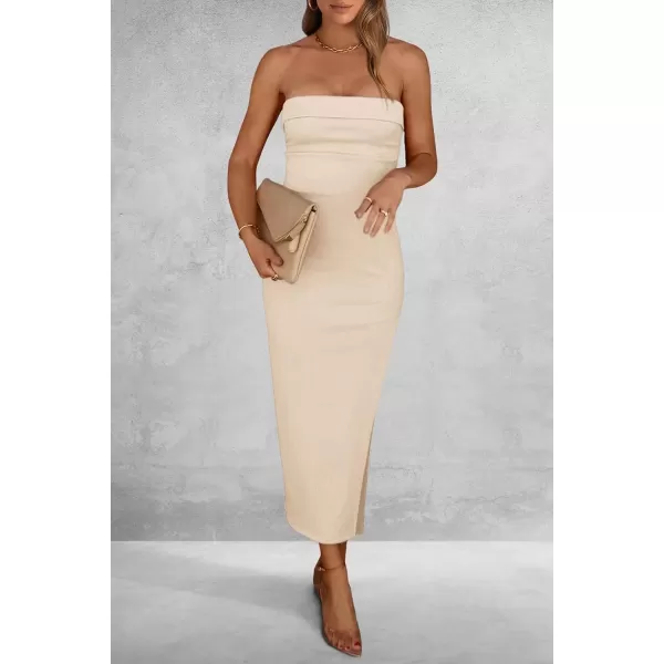 imagePRETTYGARDEN Womens Summer Bodycon Maxi Tube Dress Ribbed Strapless Side Slit Long Going Out Casual Elegant Party DressesBeige
