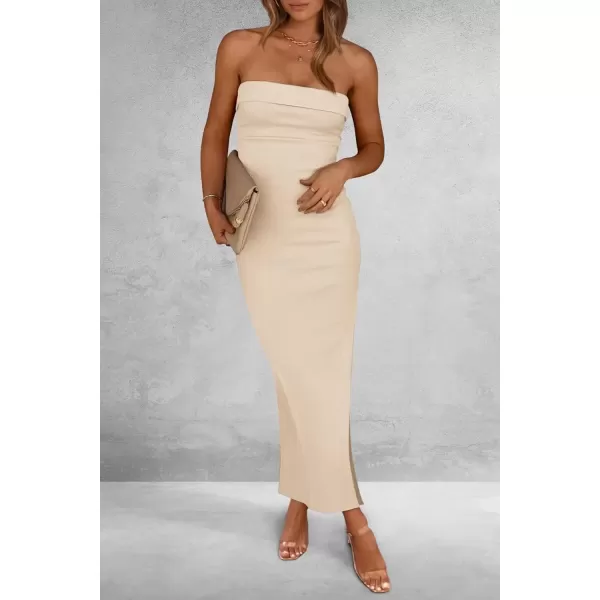 imagePRETTYGARDEN Womens Summer Bodycon Maxi Tube Dress Ribbed Strapless Side Slit Long Going Out Casual Elegant Party DressesBeige