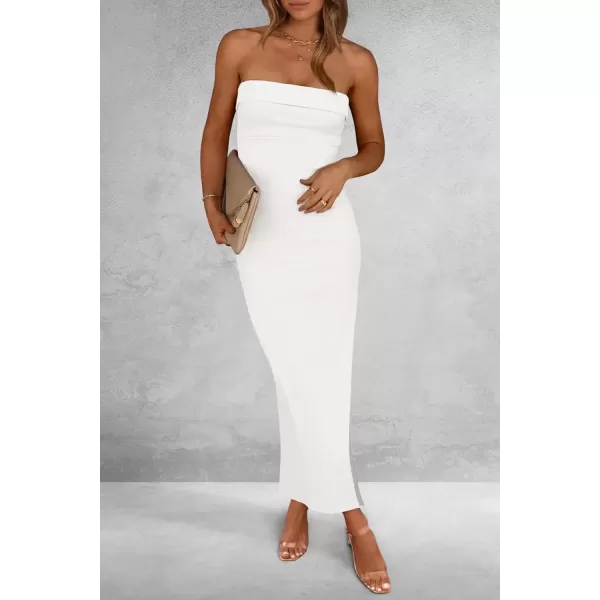 imagePRETTYGARDEN Womens Summer Bodycon Maxi Tube Dress Ribbed Strapless Side Slit Long Going Out Casual Elegant Party DressesBeige White
