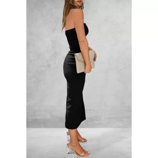 imagePRETTYGARDEN Womens Summer Bodycon Maxi Tube Dress Ribbed Strapless Side Slit Long Going Out Casual Elegant Party DressesBlack