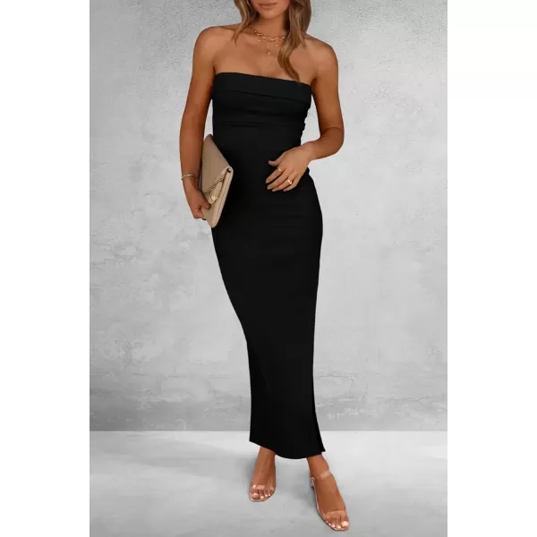imagePRETTYGARDEN Womens Summer Bodycon Maxi Tube Dress Ribbed Strapless Side Slit Long Going Out Casual Elegant Party DressesBlack