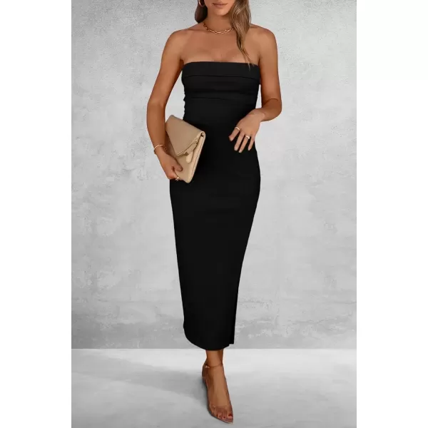 imagePRETTYGARDEN Womens Summer Bodycon Maxi Tube Dress Ribbed Strapless Side Slit Long Going Out Casual Elegant Party DressesBlack