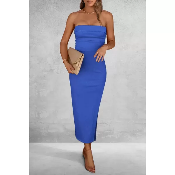 imagePRETTYGARDEN Womens Summer Bodycon Maxi Tube Dress Ribbed Strapless Side Slit Long Going Out Casual Elegant Party DressesBlue