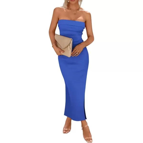 imagePRETTYGARDEN Womens Summer Bodycon Maxi Tube Dress Ribbed Strapless Side Slit Long Going Out Casual Elegant Party DressesBlue
