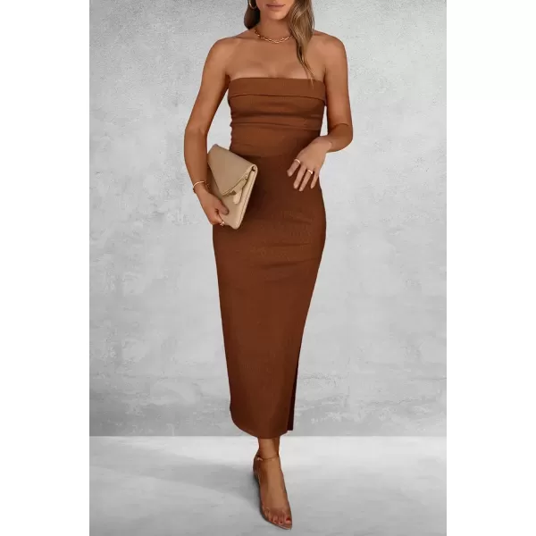 imagePRETTYGARDEN Womens Summer Bodycon Maxi Tube Dress Ribbed Strapless Side Slit Long Going Out Casual Elegant Party DressesBrown