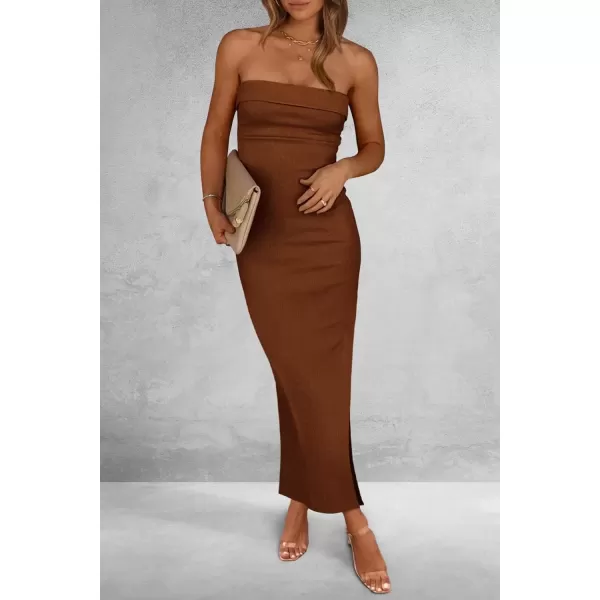 imagePRETTYGARDEN Womens Summer Bodycon Maxi Tube Dress Ribbed Strapless Side Slit Long Going Out Casual Elegant Party DressesBrown