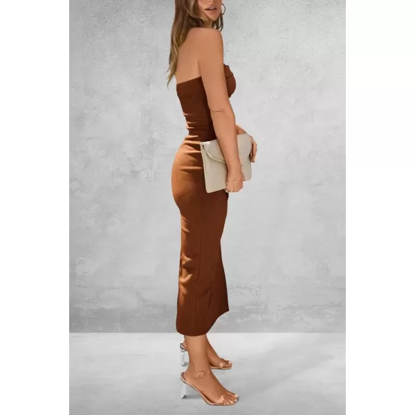 imagePRETTYGARDEN Womens Summer Bodycon Maxi Tube Dress Ribbed Strapless Side Slit Long Going Out Casual Elegant Party DressesBrown