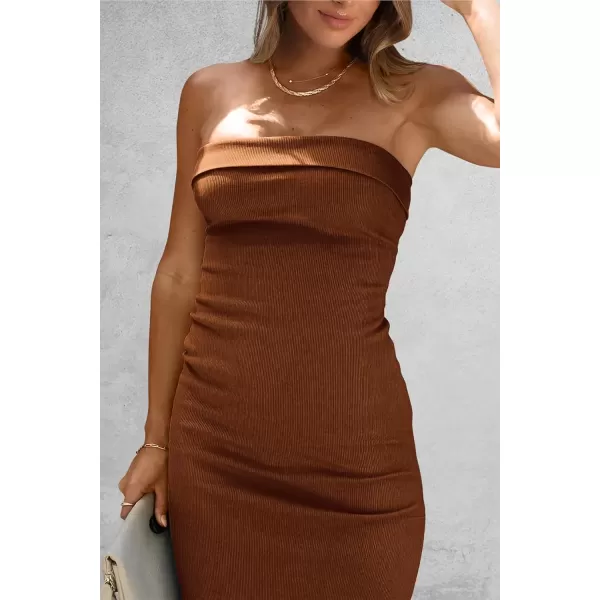 imagePRETTYGARDEN Womens Summer Bodycon Maxi Tube Dress Ribbed Strapless Side Slit Long Going Out Casual Elegant Party DressesBrown