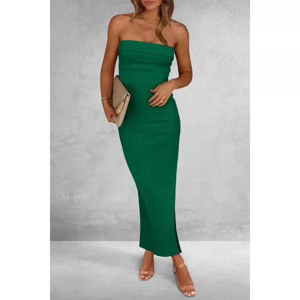 imagePRETTYGARDEN Womens Summer Bodycon Maxi Tube Dress Ribbed Strapless Side Slit Long Going Out Casual Elegant Party DressesGreen