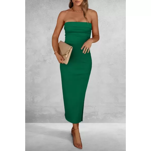imagePRETTYGARDEN Womens Summer Bodycon Maxi Tube Dress Ribbed Strapless Side Slit Long Going Out Casual Elegant Party DressesGreen