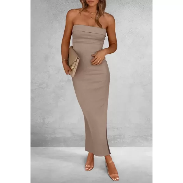 imagePRETTYGARDEN Womens Summer Bodycon Maxi Tube Dress Ribbed Strapless Side Slit Long Going Out Casual Elegant Party DressesKhaki