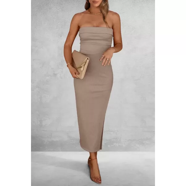imagePRETTYGARDEN Womens Summer Bodycon Maxi Tube Dress Ribbed Strapless Side Slit Long Going Out Casual Elegant Party DressesKhaki