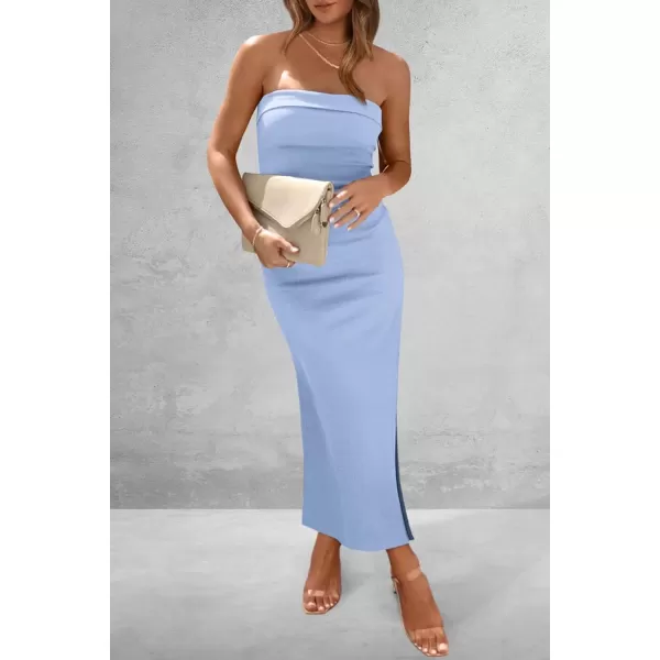 imagePRETTYGARDEN Womens Summer Bodycon Maxi Tube Dress Ribbed Strapless Side Slit Long Going Out Casual Elegant Party DressesLight Blue