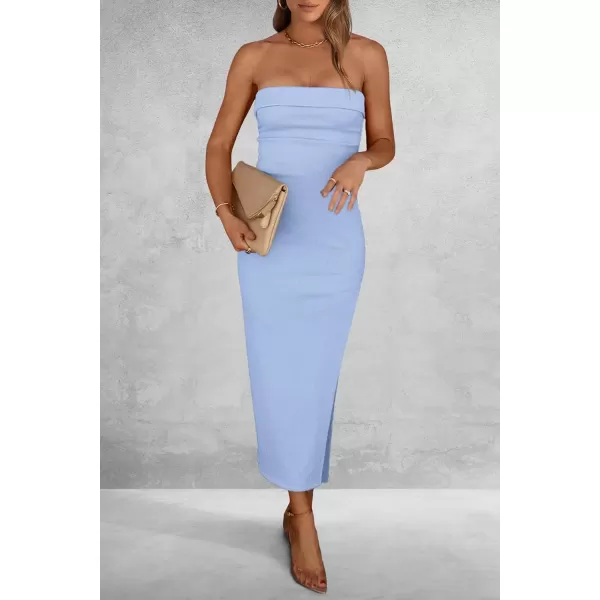 imagePRETTYGARDEN Womens Summer Bodycon Maxi Tube Dress Ribbed Strapless Side Slit Long Going Out Casual Elegant Party DressesLight Blue