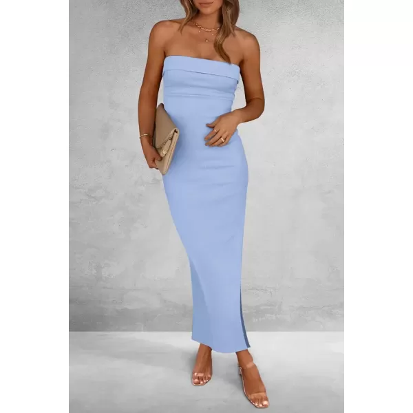 imagePRETTYGARDEN Womens Summer Bodycon Maxi Tube Dress Ribbed Strapless Side Slit Long Going Out Casual Elegant Party DressesLight Blue