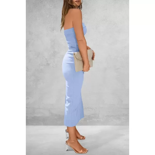 imagePRETTYGARDEN Womens Summer Bodycon Maxi Tube Dress Ribbed Strapless Side Slit Long Going Out Casual Elegant Party DressesLight Blue