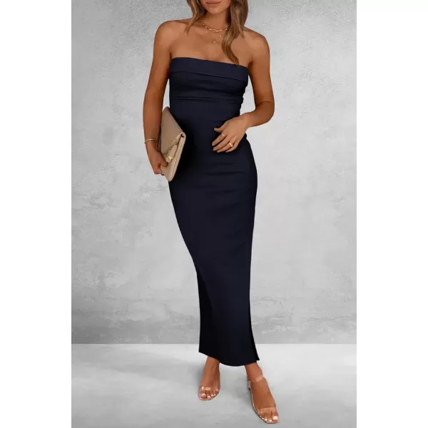 imagePRETTYGARDEN Womens Summer Bodycon Maxi Tube Dress Ribbed Strapless Side Slit Long Going Out Casual Elegant Party DressesNavy