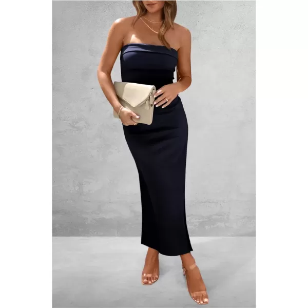 imagePRETTYGARDEN Womens Summer Bodycon Maxi Tube Dress Ribbed Strapless Side Slit Long Going Out Casual Elegant Party DressesNavy