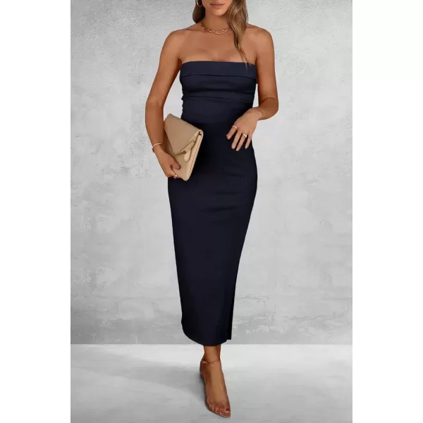 imagePRETTYGARDEN Womens Summer Bodycon Maxi Tube Dress Ribbed Strapless Side Slit Long Going Out Casual Elegant Party DressesNavy