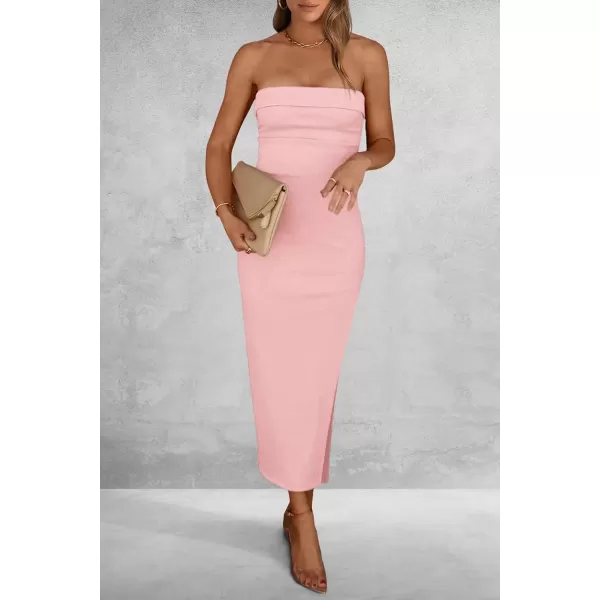 imagePRETTYGARDEN Womens Summer Bodycon Maxi Tube Dress Ribbed Strapless Side Slit Long Going Out Casual Elegant Party DressesPink
