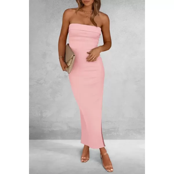imagePRETTYGARDEN Womens Summer Bodycon Maxi Tube Dress Ribbed Strapless Side Slit Long Going Out Casual Elegant Party DressesPink