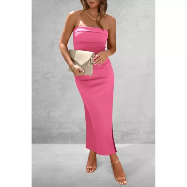 imagePRETTYGARDEN Womens Summer Bodycon Maxi Tube Dress Ribbed Strapless Side Slit Long Going Out Casual Elegant Party DressesRose Pink