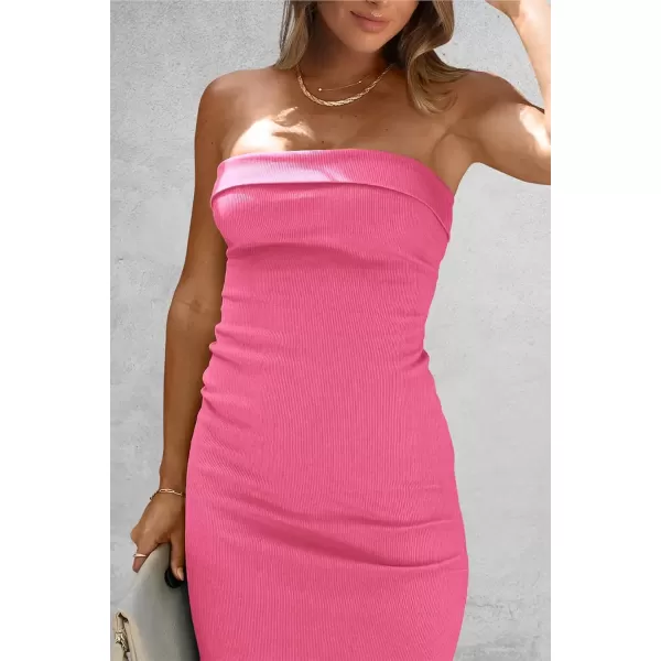 imagePRETTYGARDEN Womens Summer Bodycon Maxi Tube Dress Ribbed Strapless Side Slit Long Going Out Casual Elegant Party DressesRose Pink
