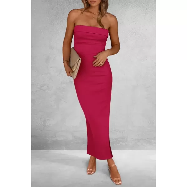 imagePRETTYGARDEN Womens Summer Bodycon Maxi Tube Dress Ribbed Strapless Side Slit Long Going Out Casual Elegant Party DressesRose Red