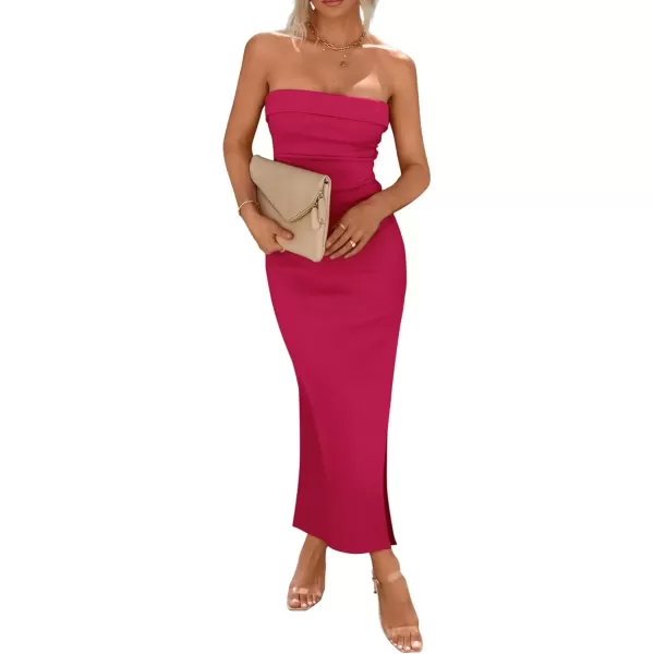 imagePRETTYGARDEN Womens Summer Bodycon Maxi Tube Dress Ribbed Strapless Side Slit Long Going Out Casual Elegant Party DressesRose Red