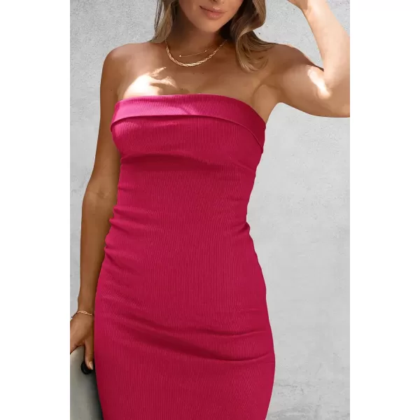 imagePRETTYGARDEN Womens Summer Bodycon Maxi Tube Dress Ribbed Strapless Side Slit Long Going Out Casual Elegant Party DressesRose Red