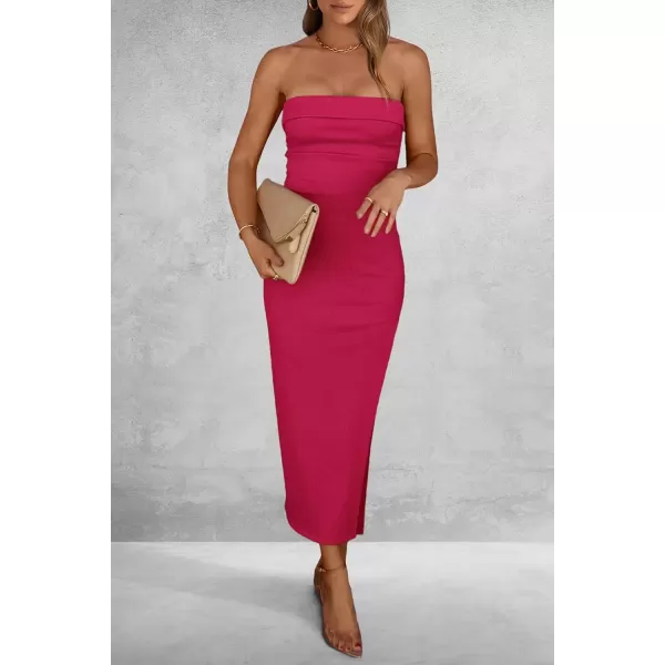imagePRETTYGARDEN Womens Summer Bodycon Maxi Tube Dress Ribbed Strapless Side Slit Long Going Out Casual Elegant Party DressesRose Red