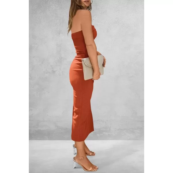 imagePRETTYGARDEN Womens Summer Bodycon Maxi Tube Dress Ribbed Strapless Side Slit Long Going Out Casual Elegant Party DressesRust Red