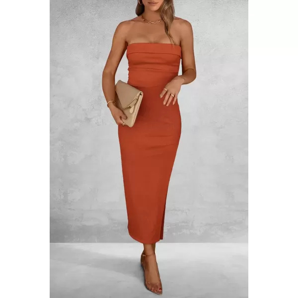 imagePRETTYGARDEN Womens Summer Bodycon Maxi Tube Dress Ribbed Strapless Side Slit Long Going Out Casual Elegant Party DressesRust Red