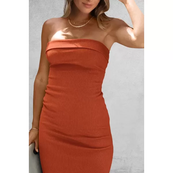 imagePRETTYGARDEN Womens Summer Bodycon Maxi Tube Dress Ribbed Strapless Side Slit Long Going Out Casual Elegant Party DressesRust Red